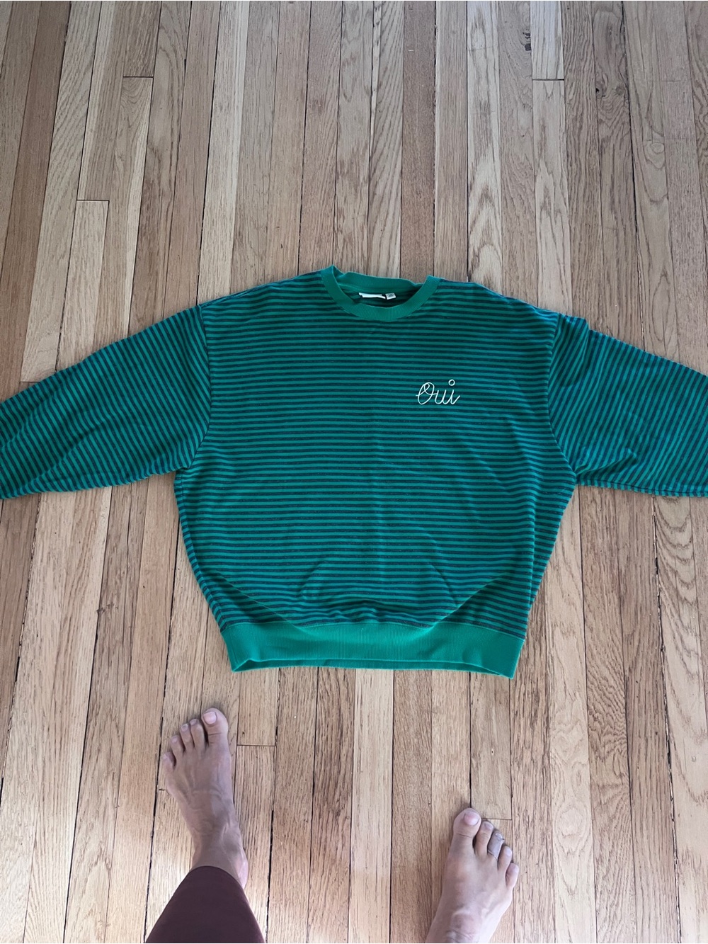 Clare V Green Striped Crewneck Sweatshirt with 'Oui' Embroidery